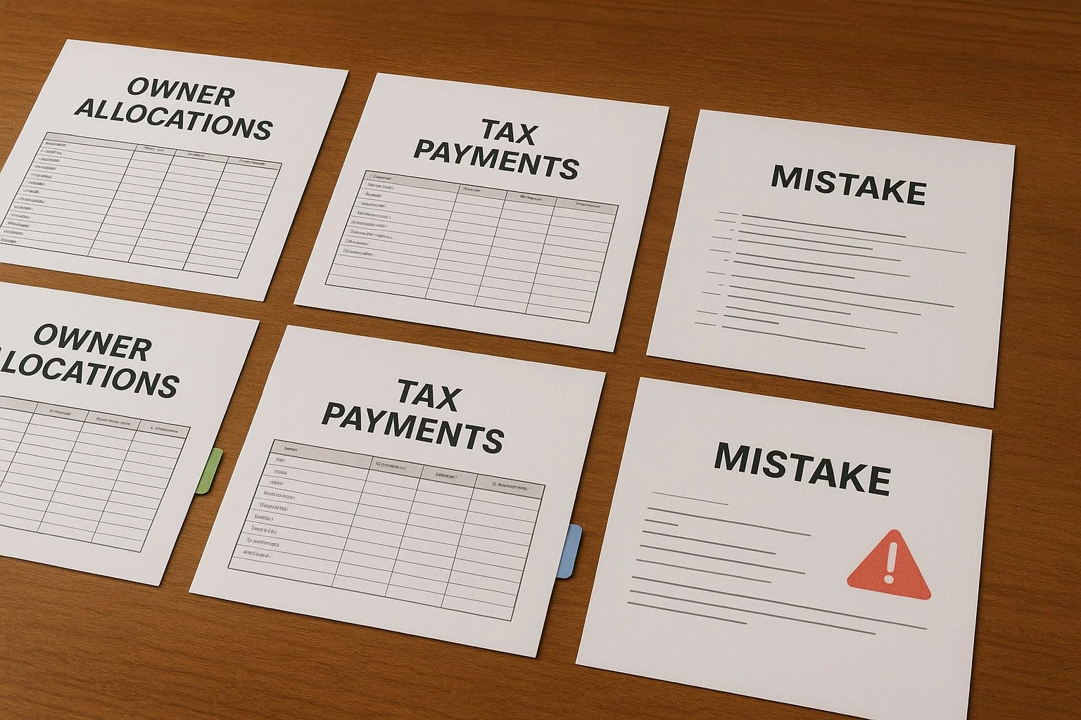 Table with neatly organized financial documents marked with colored tabs for owners, taxes, and income, with a red warning icon next to a sample mistake sheet.