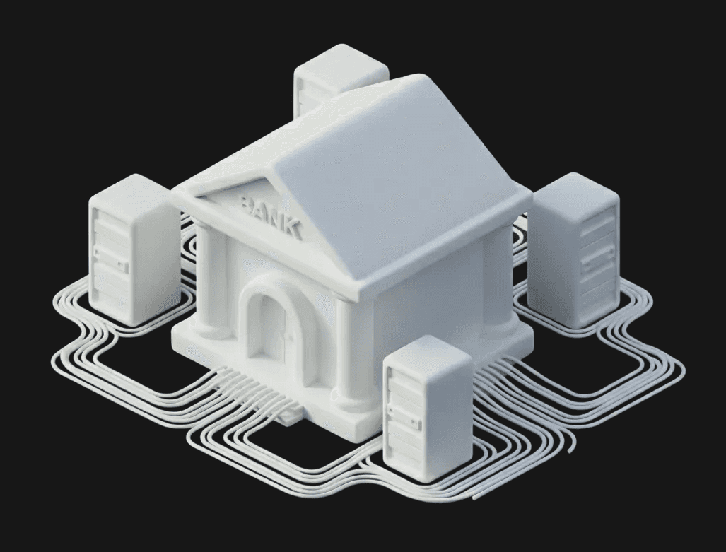 An isometric 3D illustration of a bank wired to numerous servers