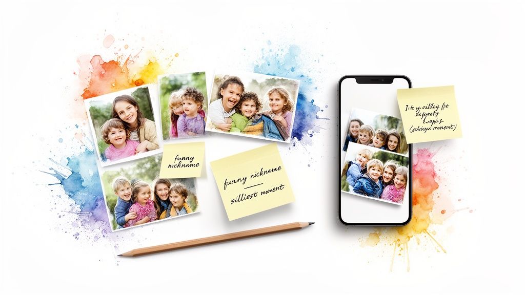 Various photos of smiling children and families, a smartphone, sticky notes, and a pencil on a colorful watercolor background.