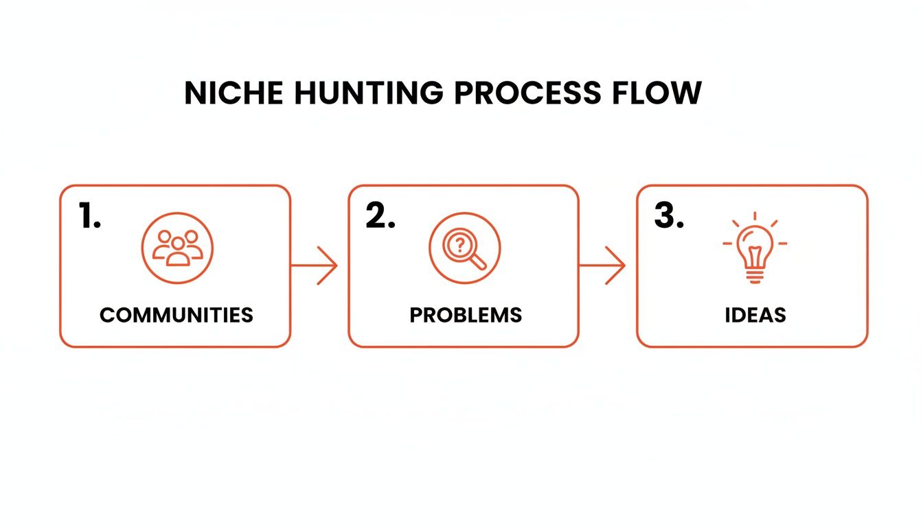 A diagram illustrating the Niche Hunting Process Flow: 1. Communities, 2. Problems, 3. Ideas, connected by arrows.