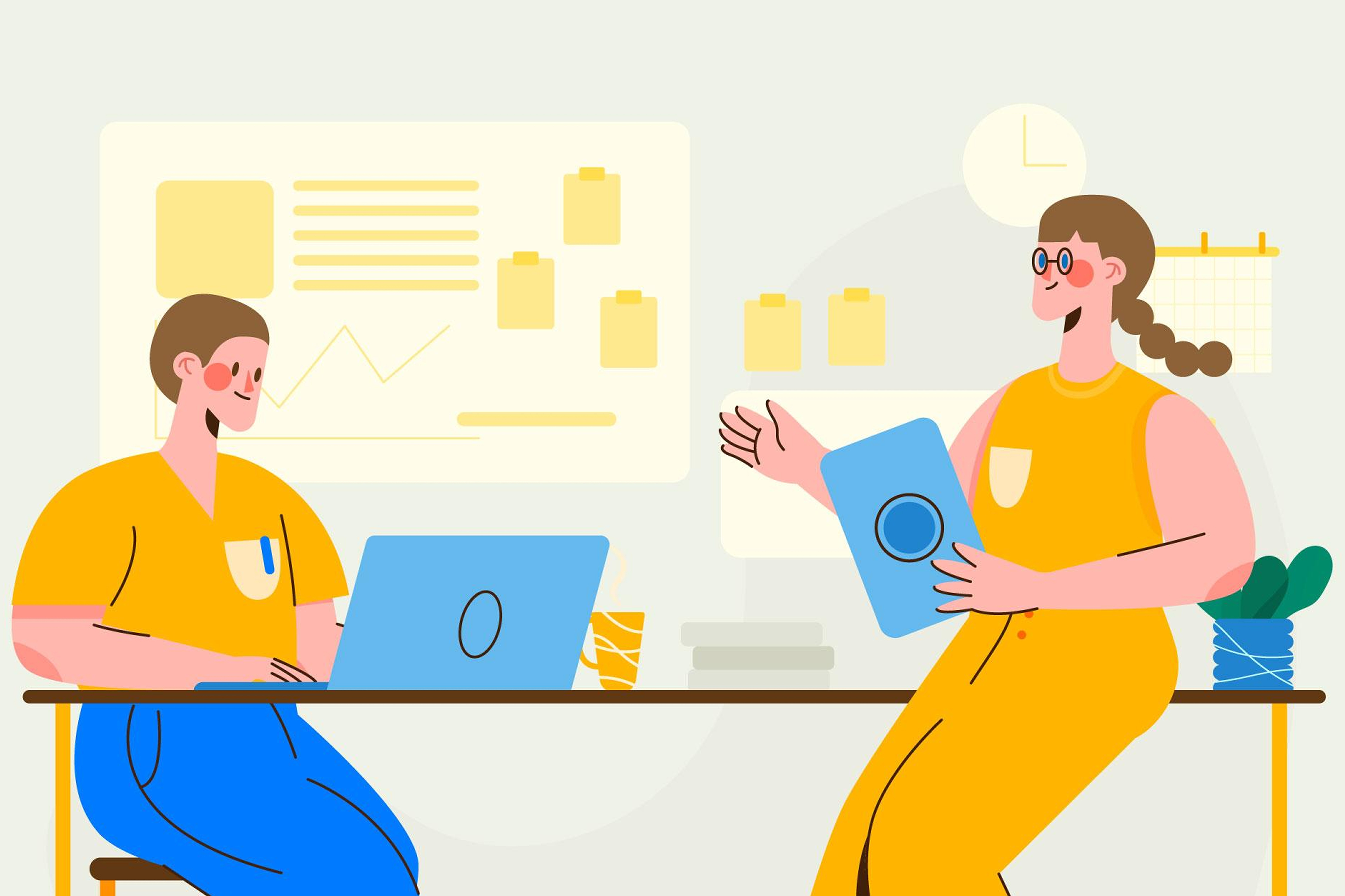 Marketing leader reviewing an analytics dashboard with a colleague during a strategy meeting