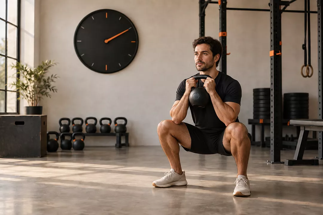 Male athlete performing a kettlebell goblet squat during an EMOM workout