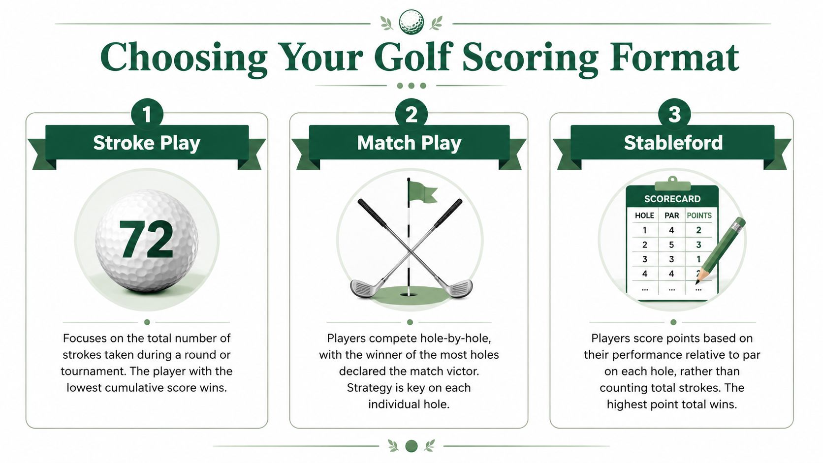 An infographic illustrating three common golf scoring formats: Stroke Play, Match Play, and Stableford.