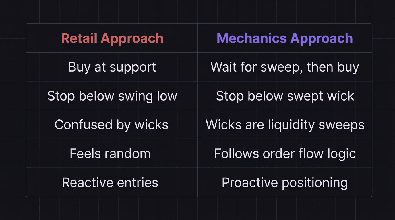Comparison table showing retail approach versus mechanics approach across entry, stop, and mindset