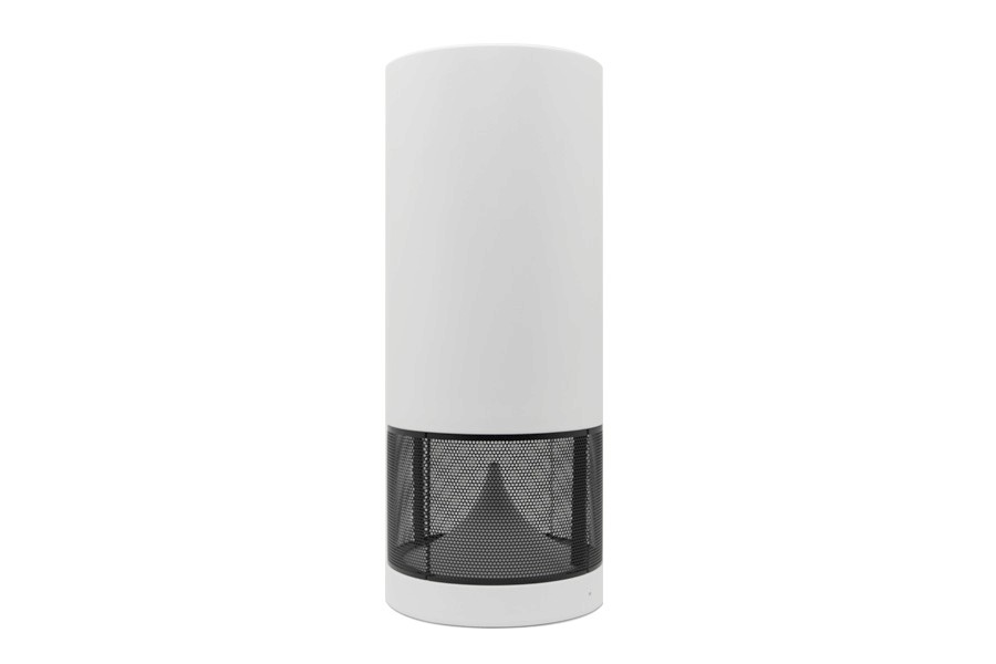 Black smart home device with screen showing time and temp