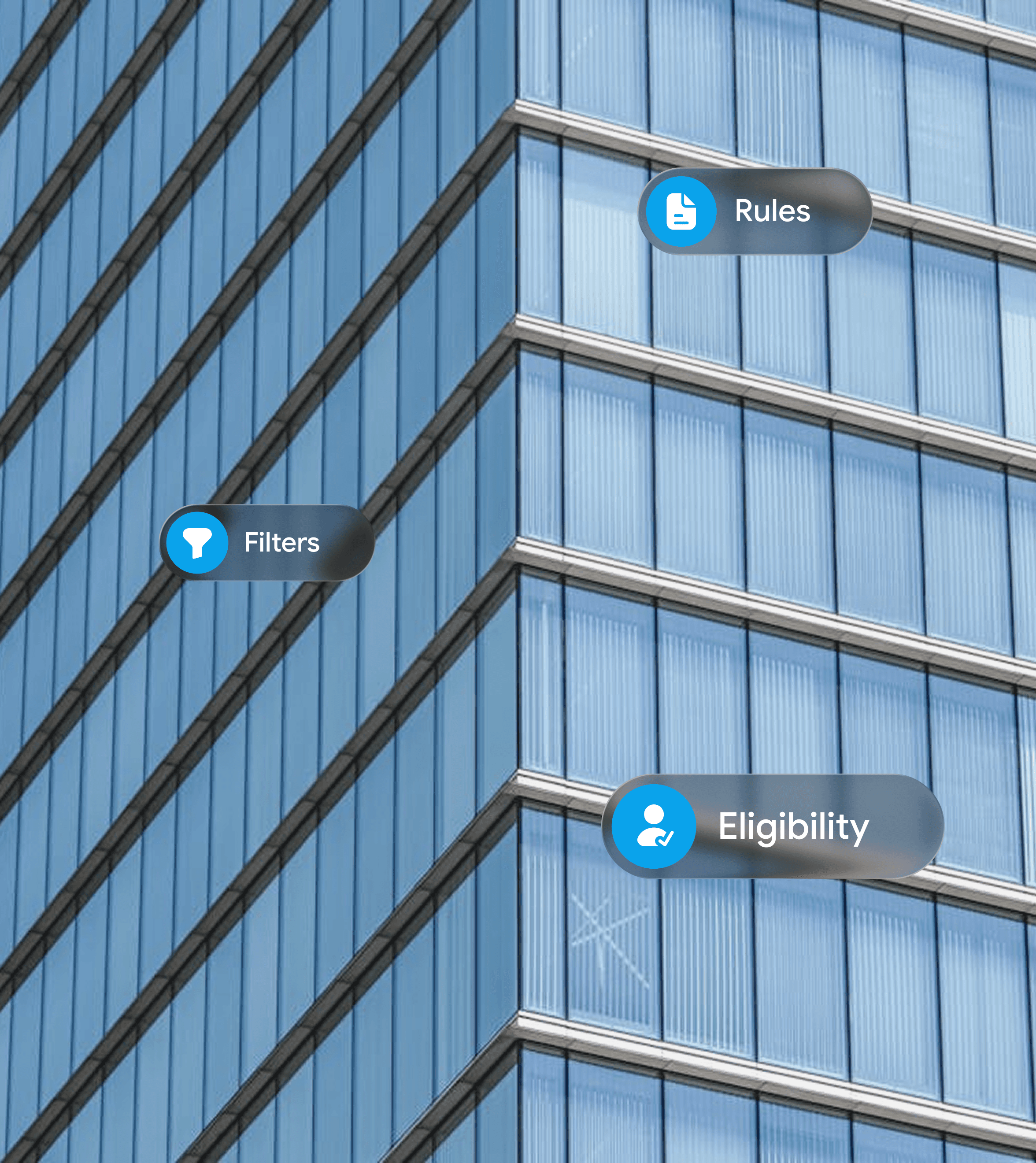 Modern building with icons for Rules, Filters, and Eligibility.
