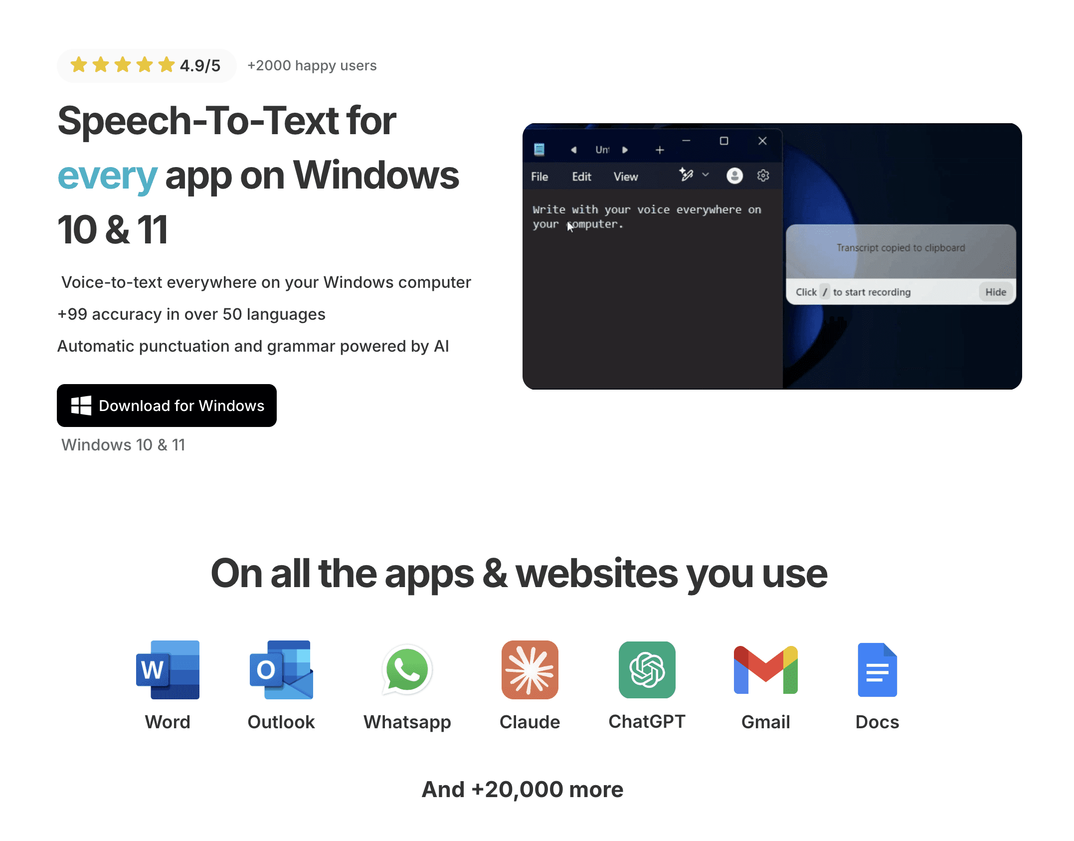Voicy speech-to-text for Windows app homepage screenshot. 