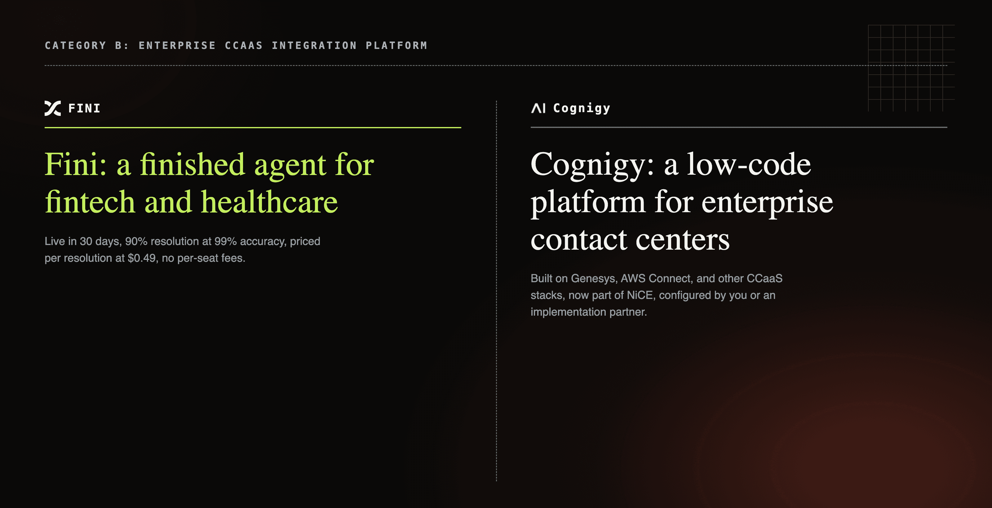 Cognigy low-code CCaaS platform card next to Fini's finished fintech and healthcare AI agent card