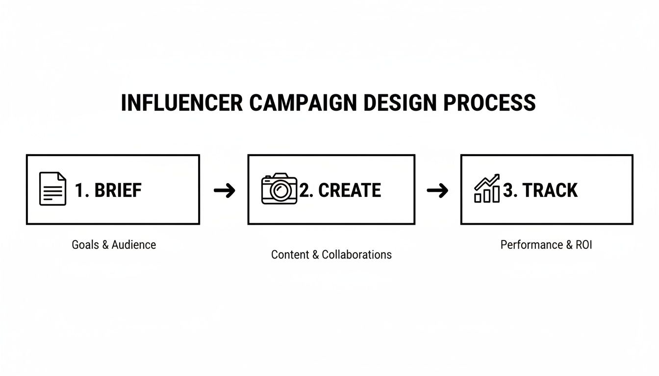 A three-step influencer campaign design process flowchart showing brief, create, and track stages.