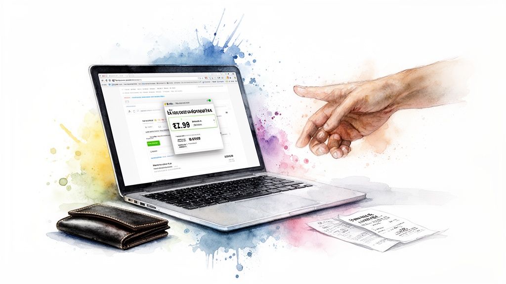 Hand reaching for a laptop displaying an online shopping cart, with a wallet and receipts.