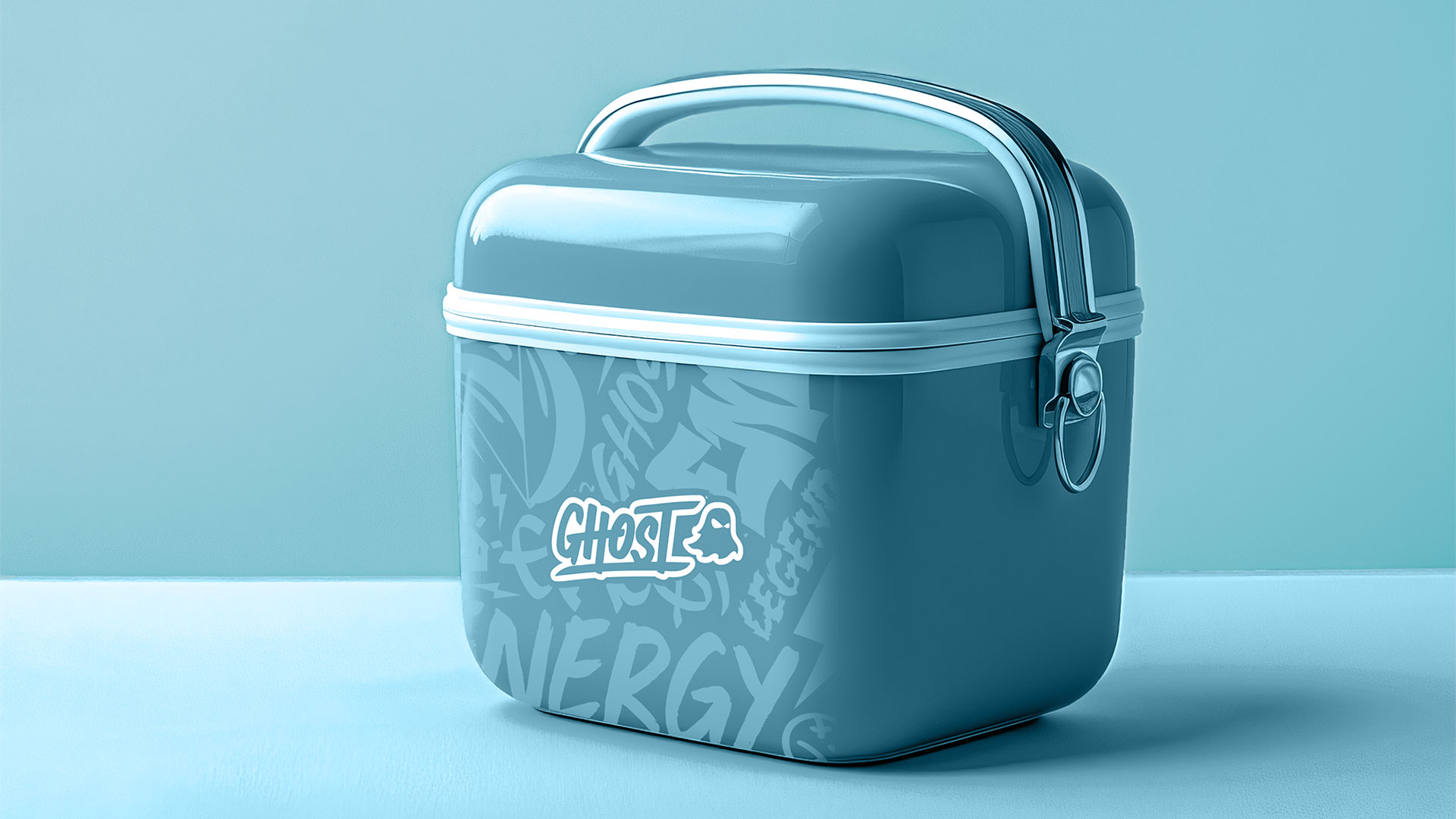 Custom Ghost Energy cooler concept featuring branded graphics and a retro-inspired promotional packaging design.