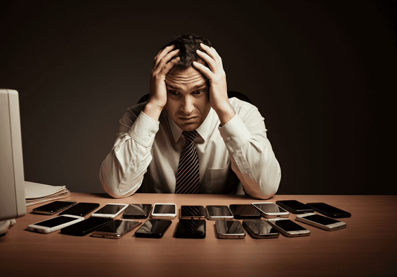 A man looking at a desk full of phones