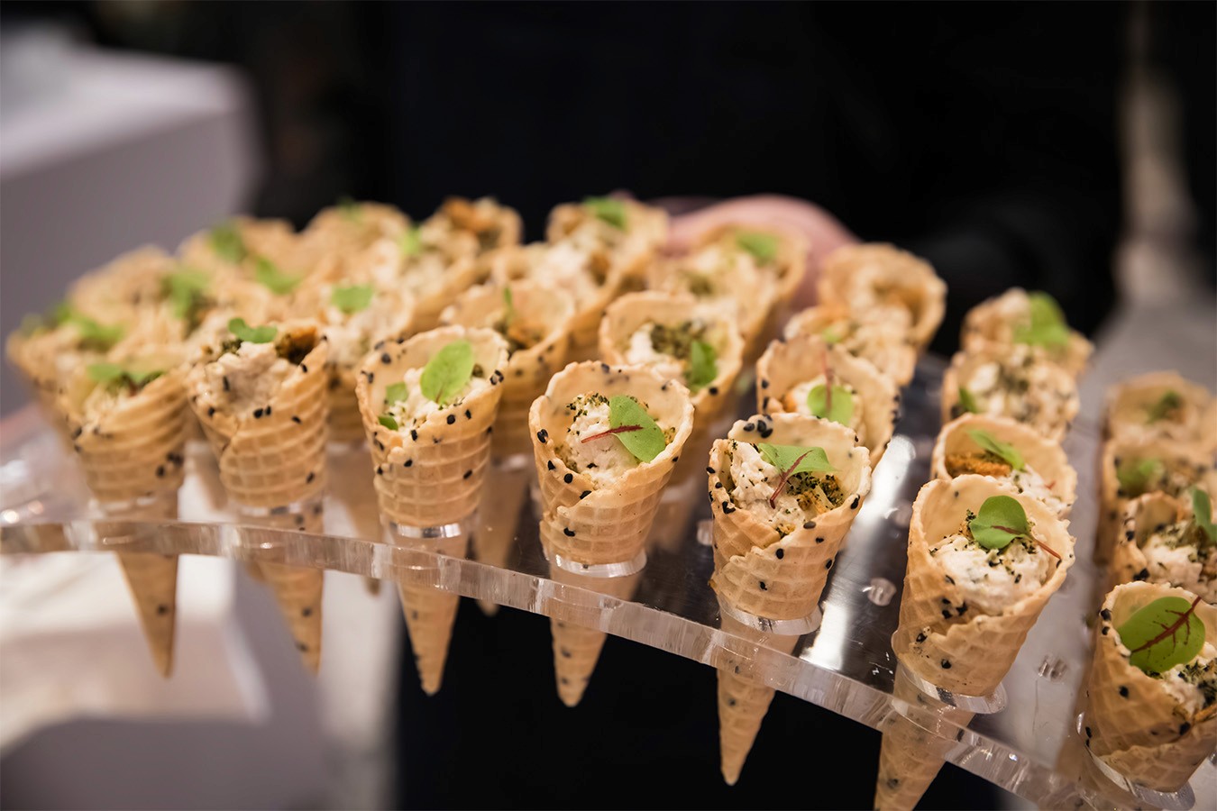 Smoked Chicken Waffle Cone Canape Service at a Corporate Event