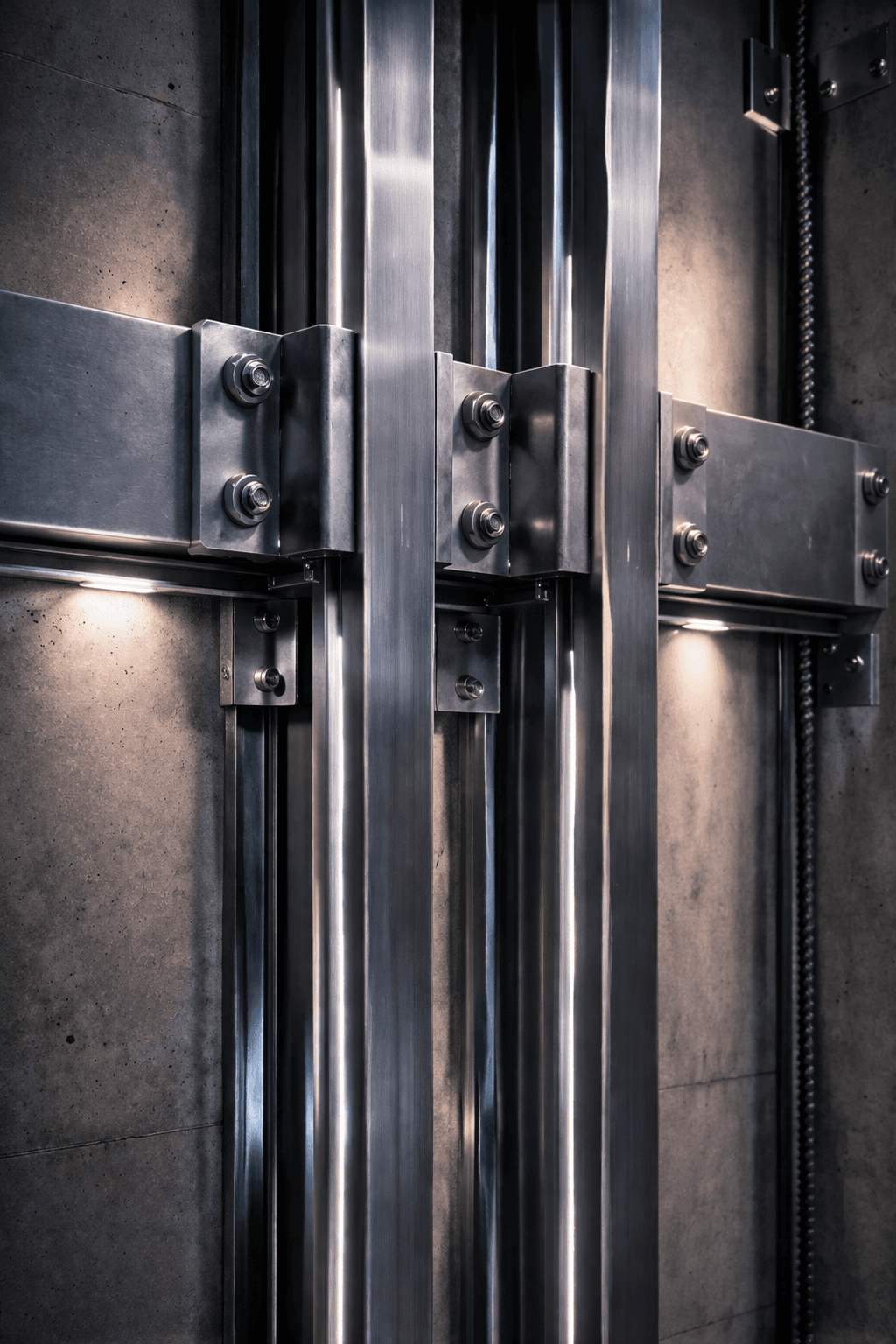 detailed view of heavy-duty elevator rail mounting bracket