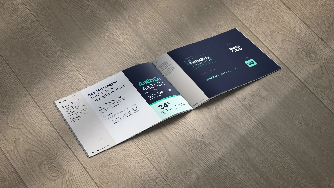 brand booklet open showing fonts and logos