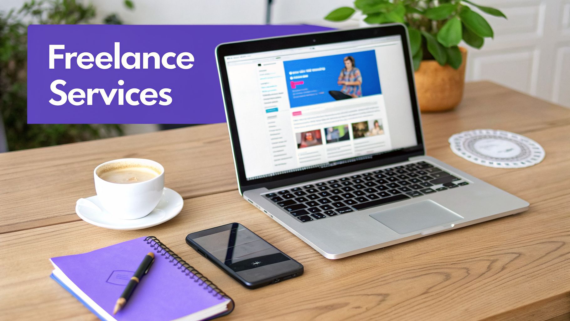 Desk setup with laptop, coffee, smartphone, and notebook, highlighting 'Freelance Services'.