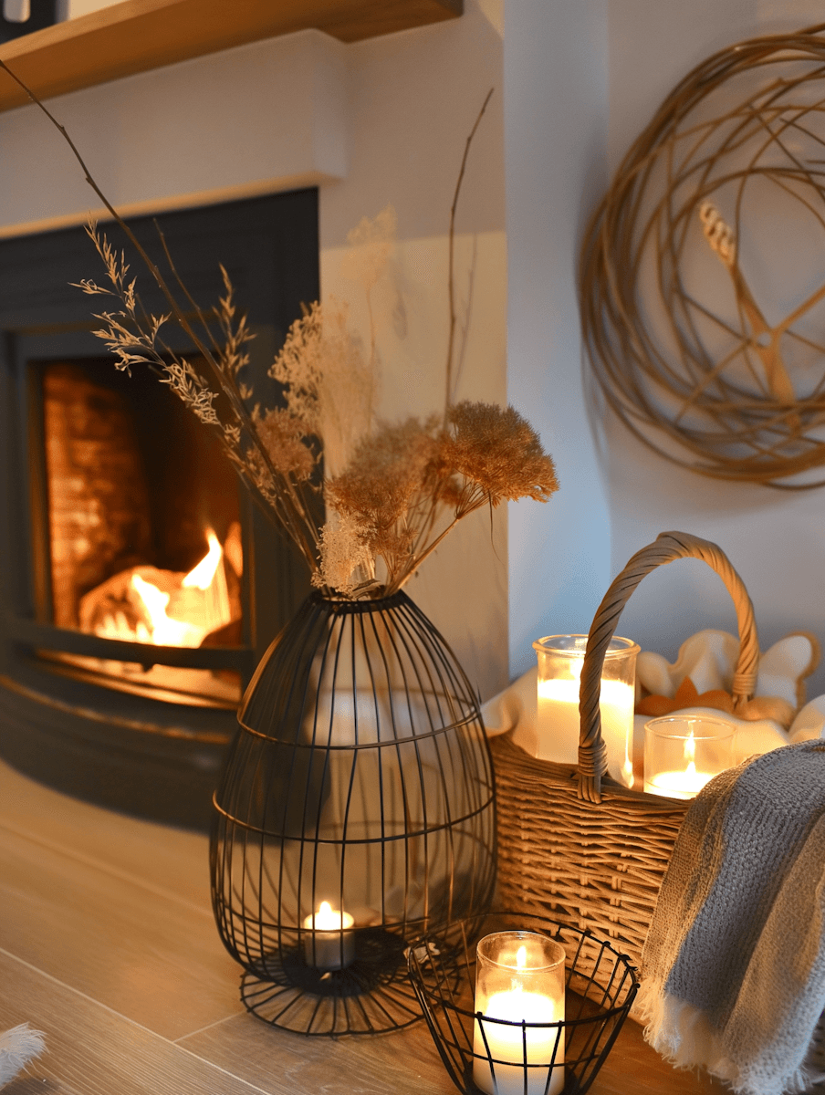 cozy interior with fireplace and candles