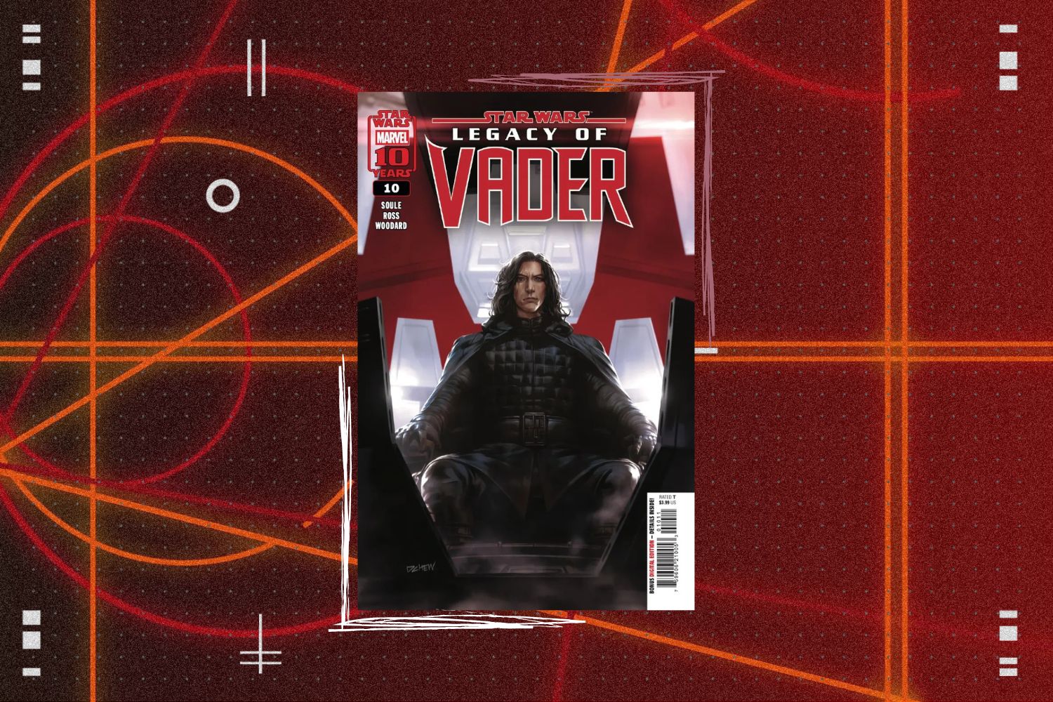 Cover for Star Wars: Legacy of Vader #10 featuring Kylo Ren sitting in Vader's meditation chamber. The cover is in front of a red geometric background