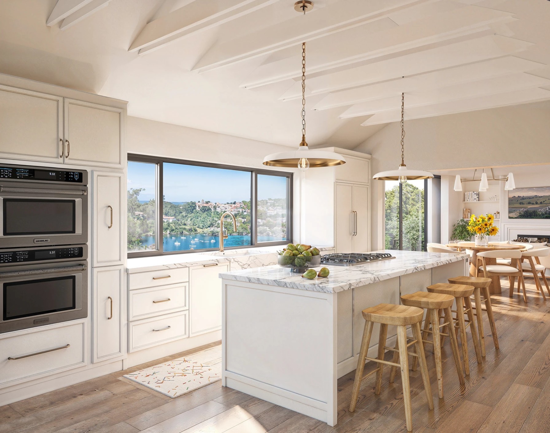 Brick waterfront building with large glass windows, reflecting the warm glow of a sunset over the river.