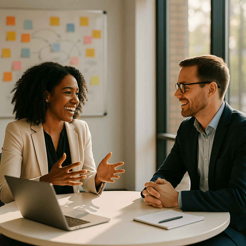 Subject matter expert and instructional designer conducting collaborative interview, capturing knowledge transfer and human dialogue that AI cannot replicate