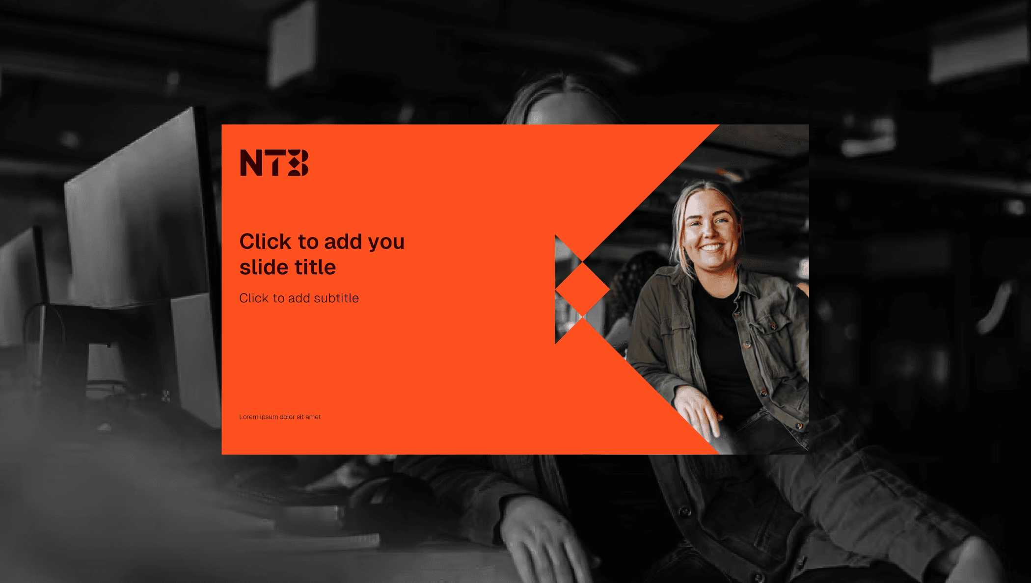 Title slide template with a full-bleed black and white photo background and an orange angular title panel beside a portrait.