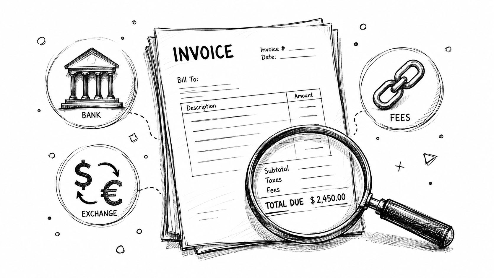 A hand-drawn illustration showing an invoice being inspected under a magnifying glass with icons for banks, fees, and currency exchange.