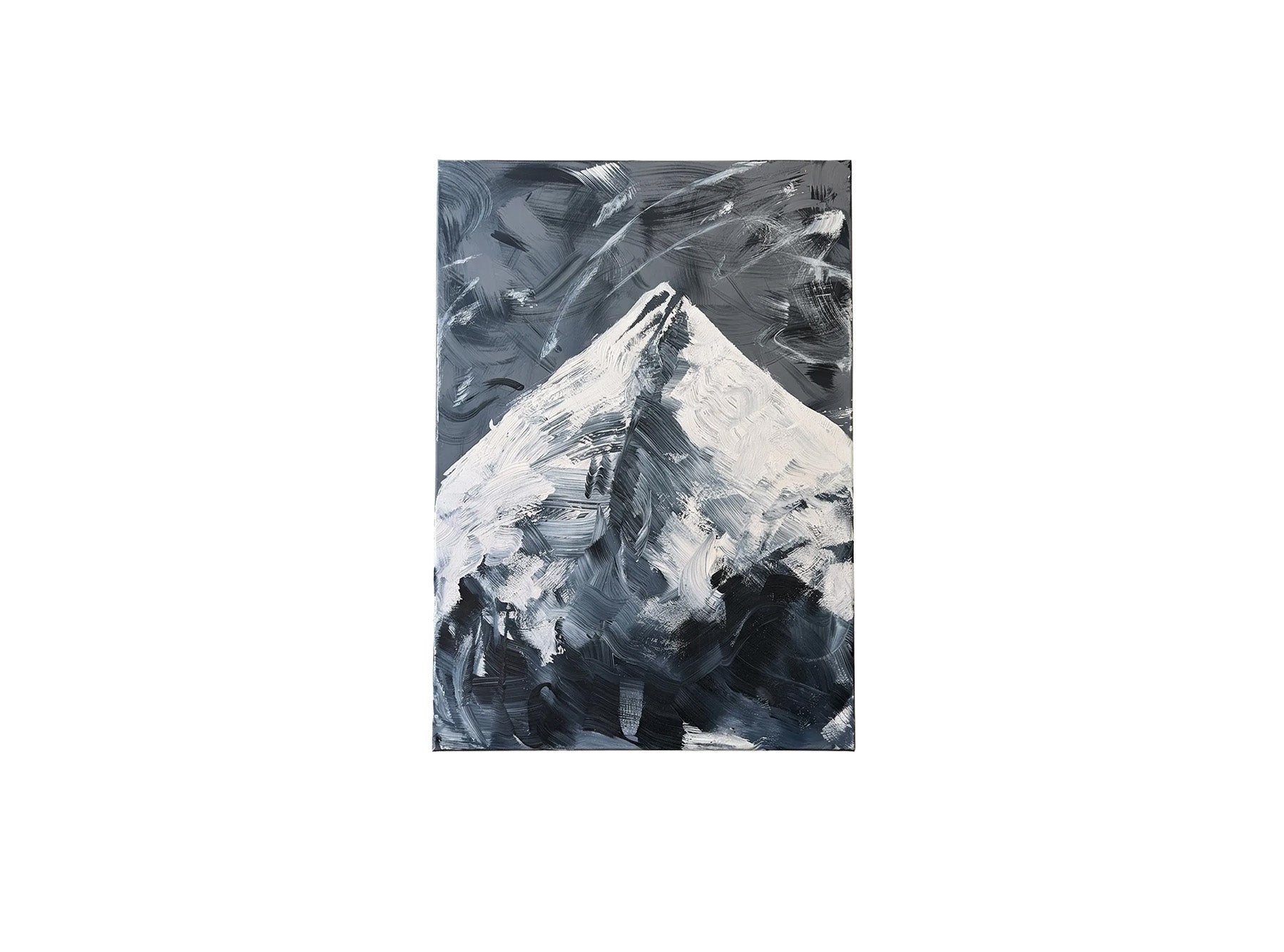 Original abstract acrylic painting of a snow-covered mountain in grey and white tones, expressive brushstrokes on canvas, modern minimalist style