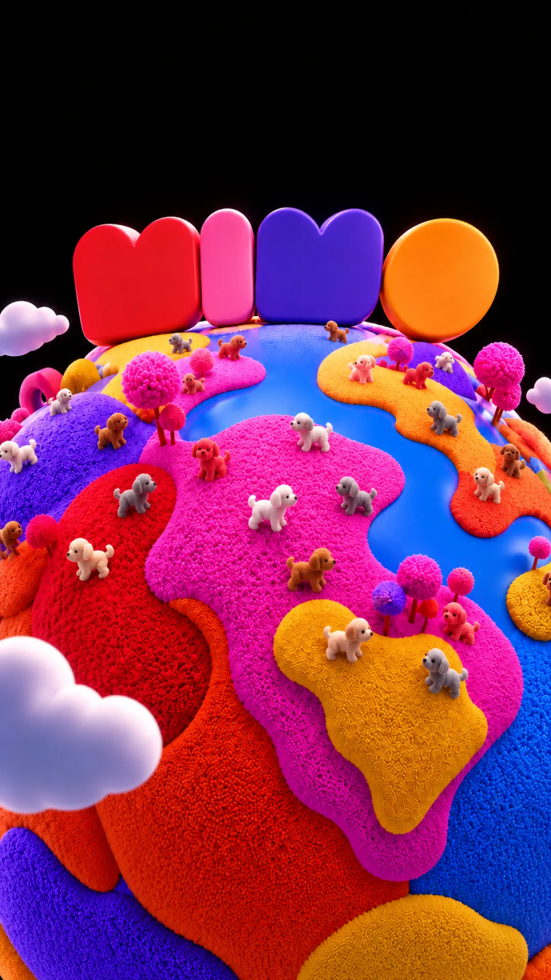 3D animation of a colorful, fuzzy planet with tiny puppies, pink pom-pom trees, and the MIMO logo on top, representing the MIMO World