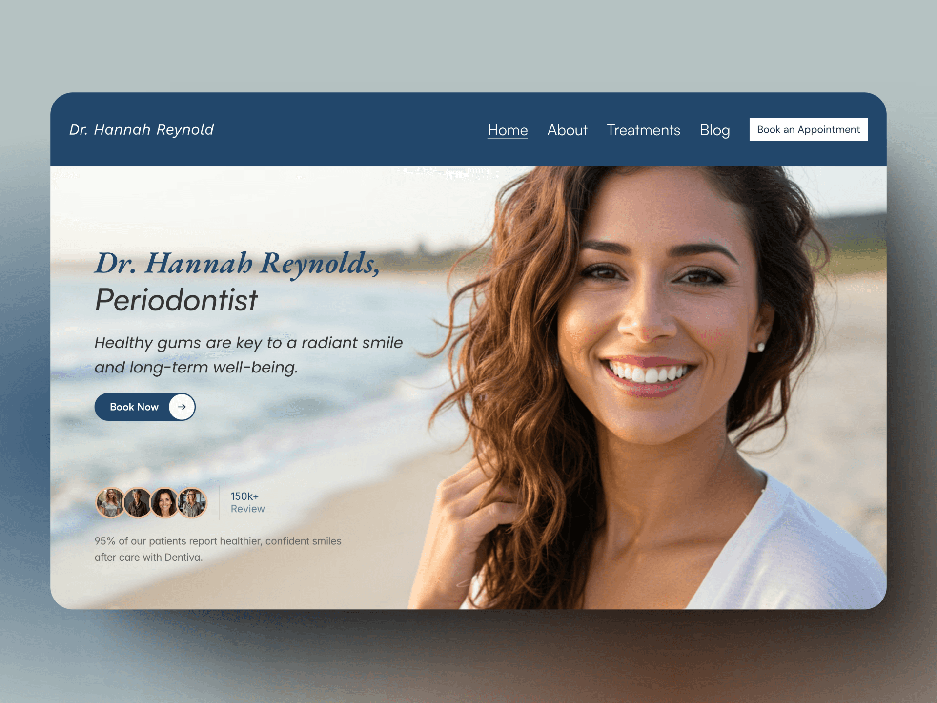 Framer dentist website screenshot showing a hero with a radiant smile, perfect for periodontology sites.