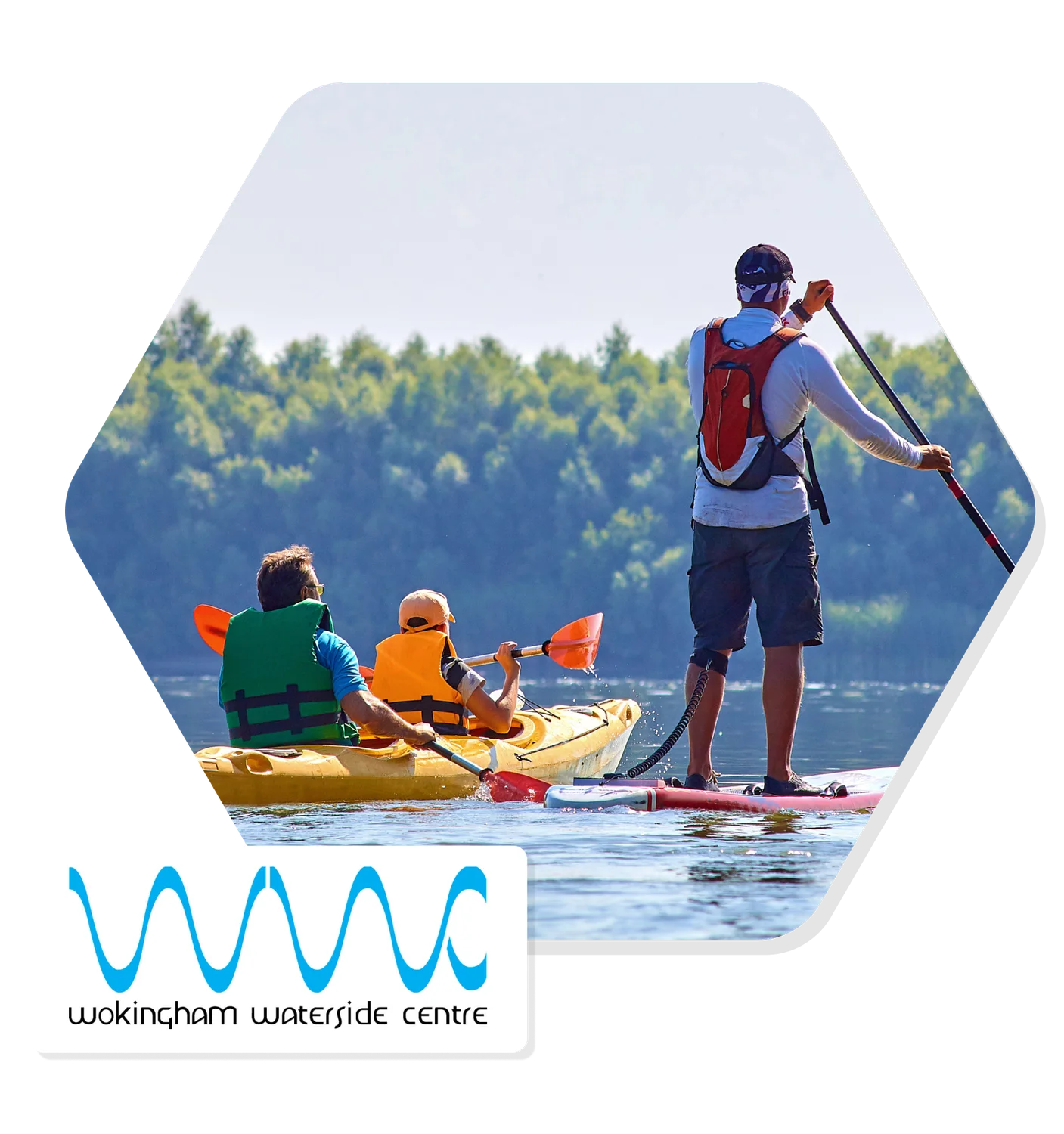 A person in a blue outfit is mid-air on a winged surfboard, holding a pink sail. The scene conveys excitement and freedom. "Rye Watersports" logo is visible.
