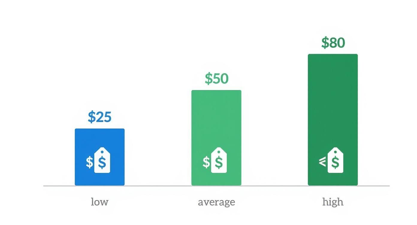 Bar chart illustrating low ($25), average ($50), and high ($80) price points.