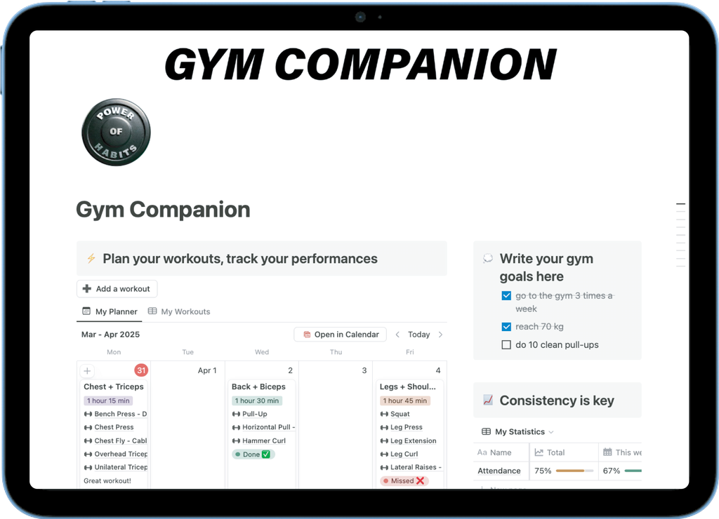 Notion workout tracker - plan sessions, log exercises, and monitor gym consistency