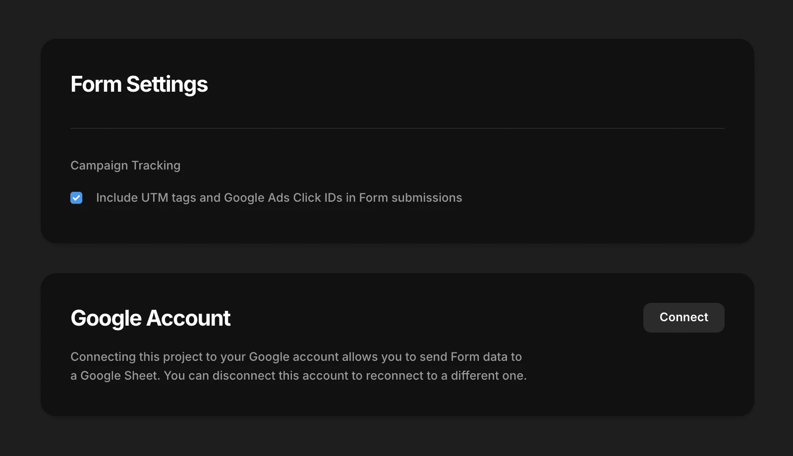 Framer form settings showing ‘Campaign Tracking’ enabled with the option ‘Include UTM tags and Google Ads Click IDs in Form submissions’ above a ‘Google Account’ connection section.