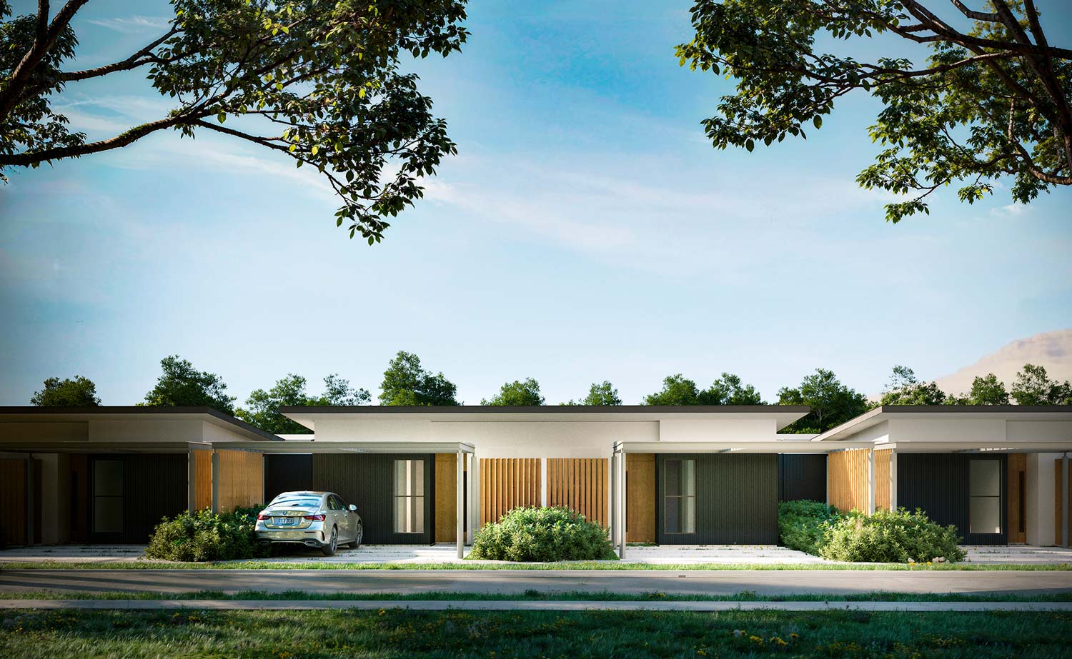 A 3D realistic render wide shot of various front porches