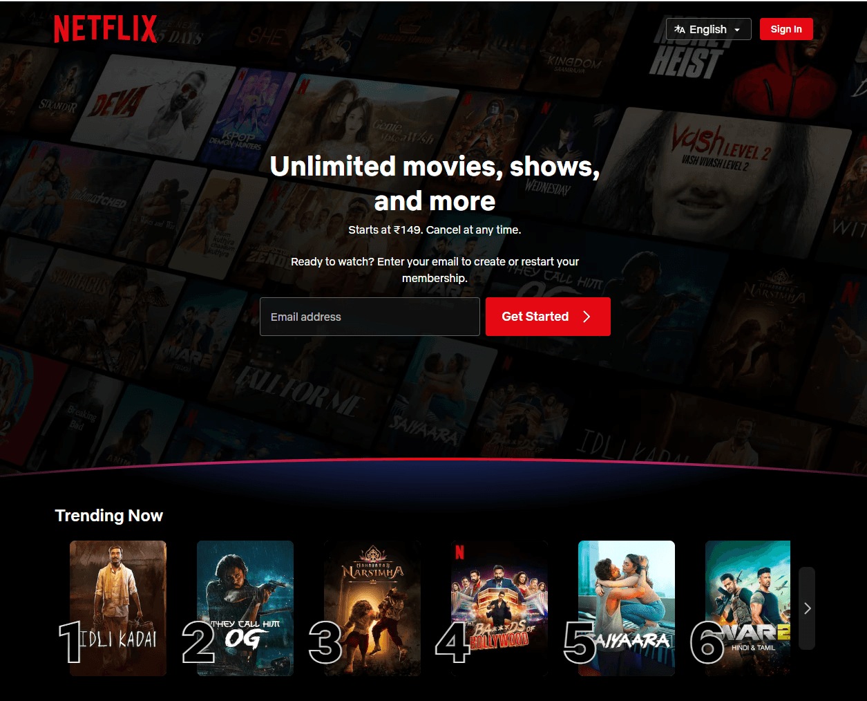 Netflix homepage showing personalized content and trending titles.