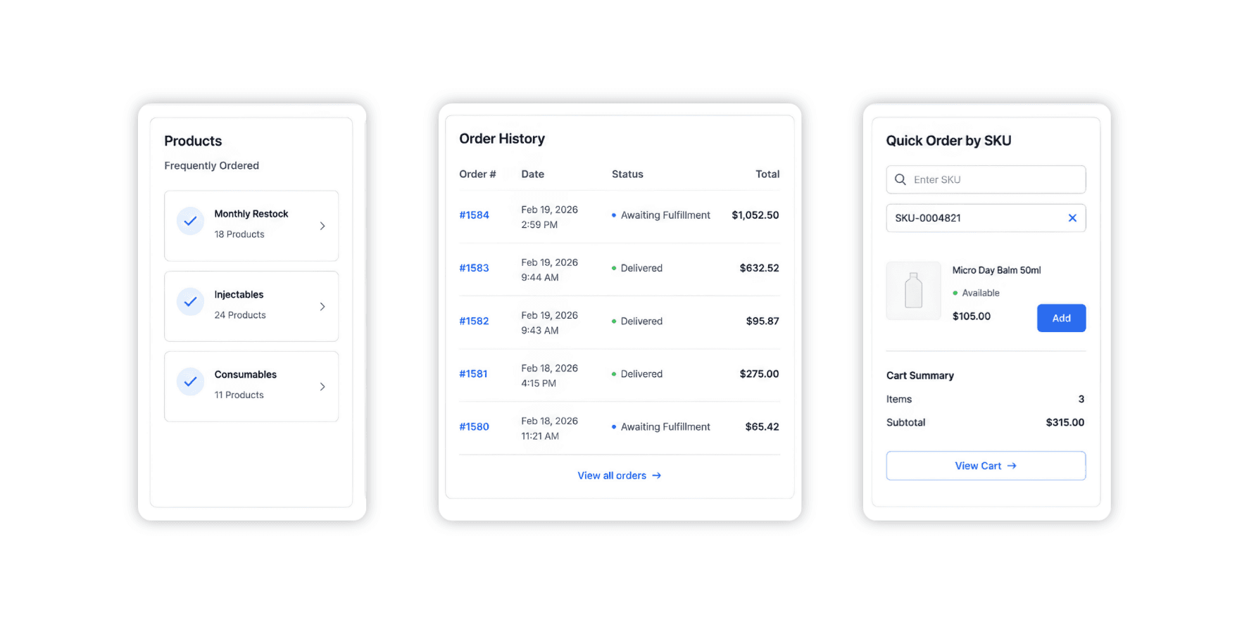 B2B customer portal reorder screen with saved lists and quick order by SKU