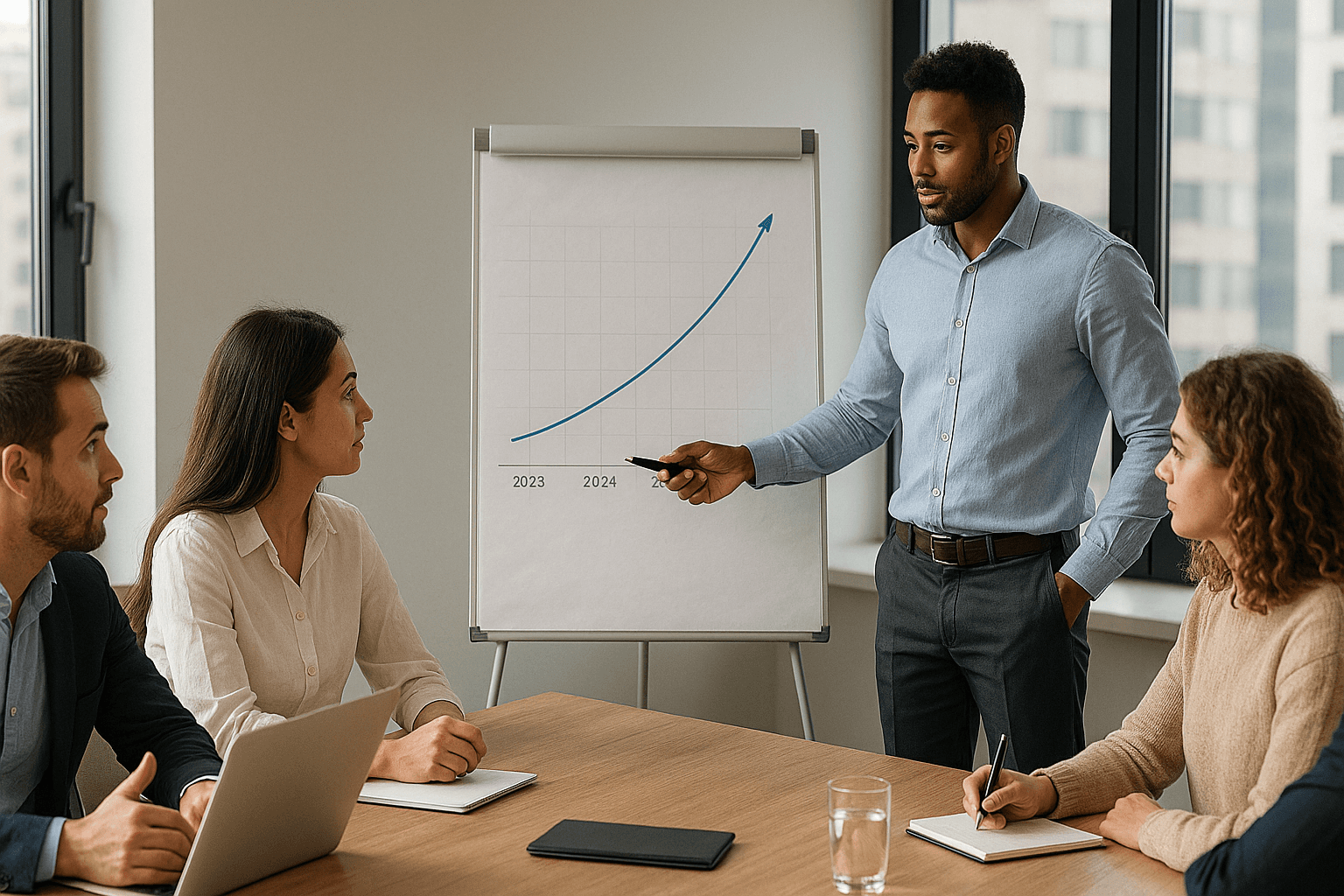 Equipe de vendas reunida em uma sala de reunião moderna, com um líder em pé apresentando uma projeção de crescimento em um quadro, enquanto os demais participantes observam e analisam a estratégia para metas futuras.