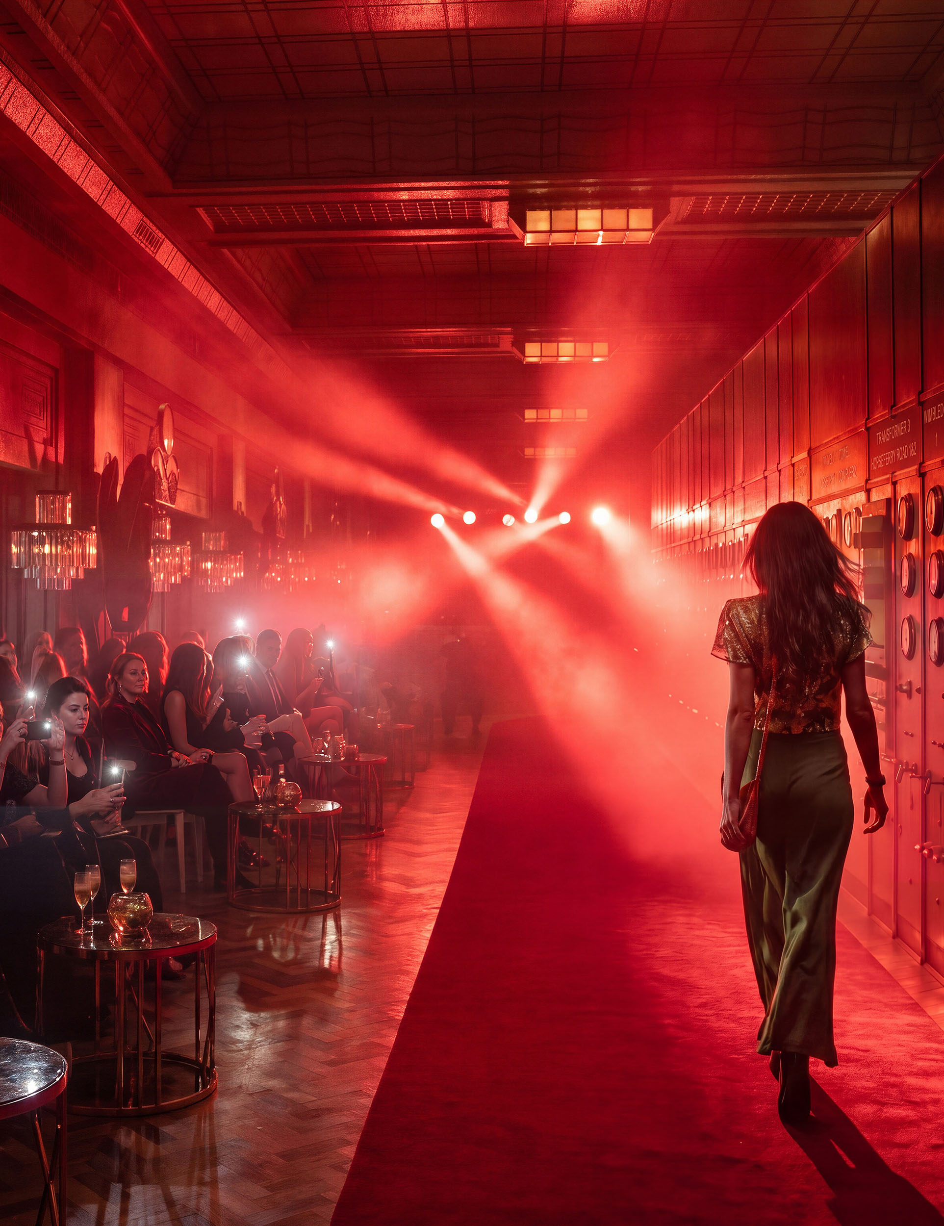 Architectural render of a fashion show with photorealistic lighting.