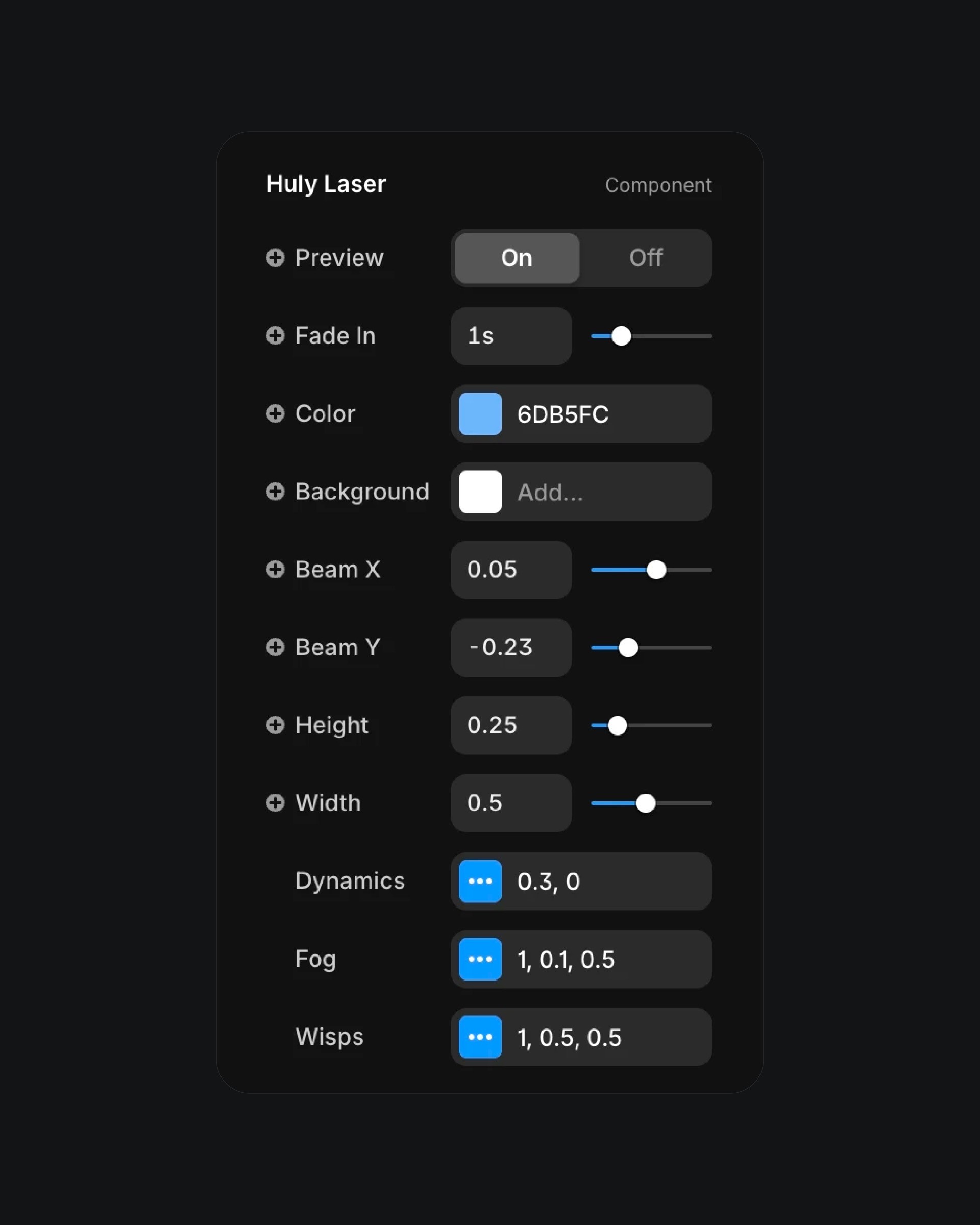 UI control panel for customizing Huly laser beam light effects