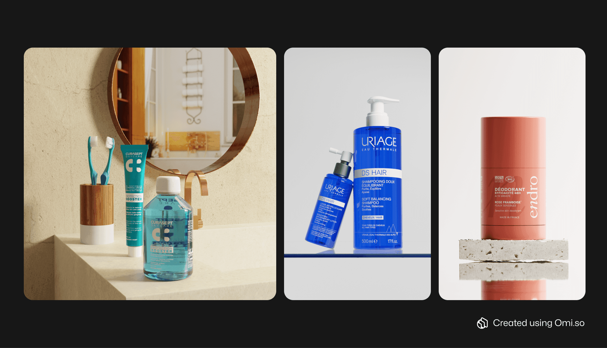 PDP images of Curasept toothbrush and mouthwash in modern bathroom, Uriage shampoo, Endro Cosmetics deodorant
