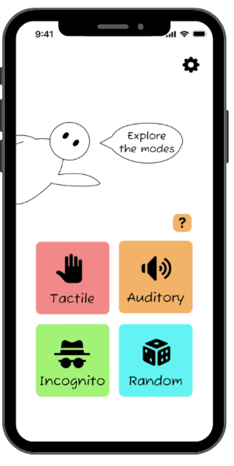 Mode selection page of Fidgy app, with options for tactile, auditory, incognito, and random. Help button is located directly above the mode options