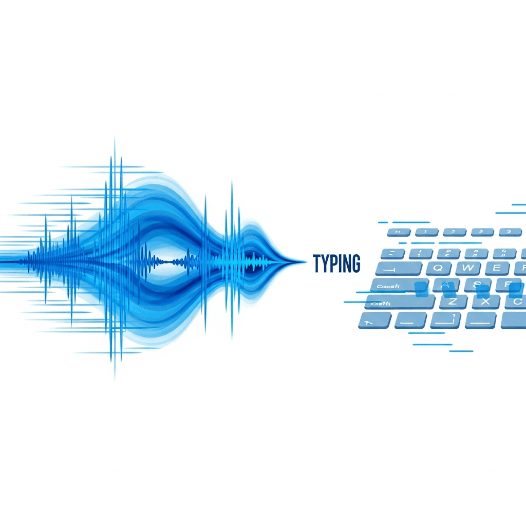 A modern, clean illustration showing the contrast between fast voice dictation and slower typing. On one side, show smooth sound waves or voice visualization elements flowing rapidly. On the other side, show keyboard keys or typing motion that appears slower and more labored. Use a professional color palette with blues and whites. The composition should clearly convey speed difference and efficiency, with dynamic motion lines suggesting the faster pace of speech compared to typing. No text, words, or letters in the image.