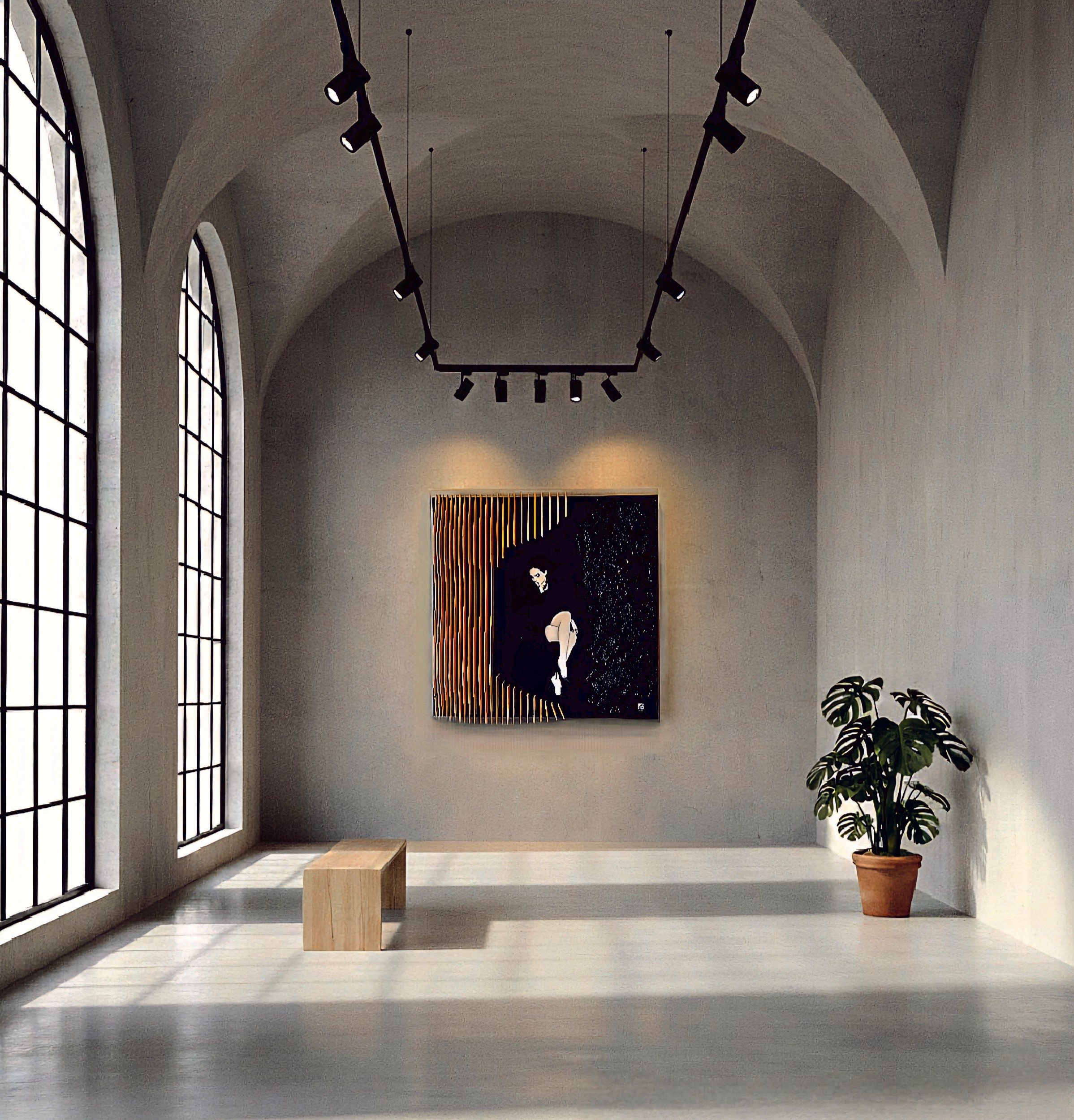 Contemporary gallery interior with mixed media artwork featuring wooden textures and human figure, minimalist architectural space with natural light