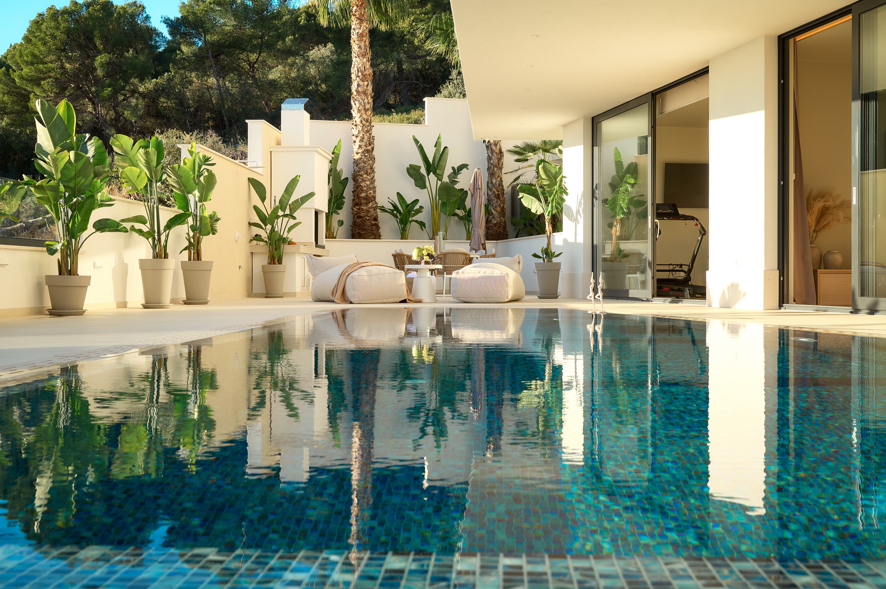 Modern cityscape skyline at sunset.