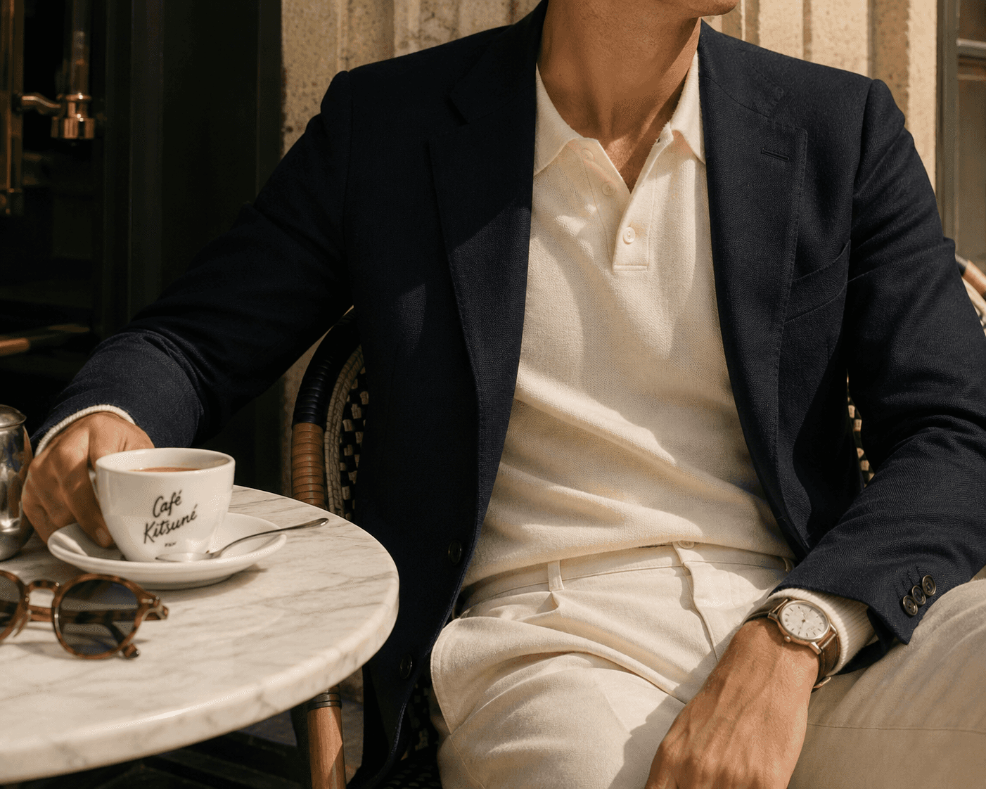 Close-up cropped shot of a man sitting at an outdoor marble bistro table enjoying coffee at Café Kitsuné. He is dressed in an old money style outfit consisting of a textured navy blue blazer, an off-white knit polo shirt, and cream pleated trousers. On the table sits a white porcelain cup with "Café Kitsuné" script lettering, a pair of tortoiseshell sunglasses, and he wears a classic gold watch with a brown leather strap.