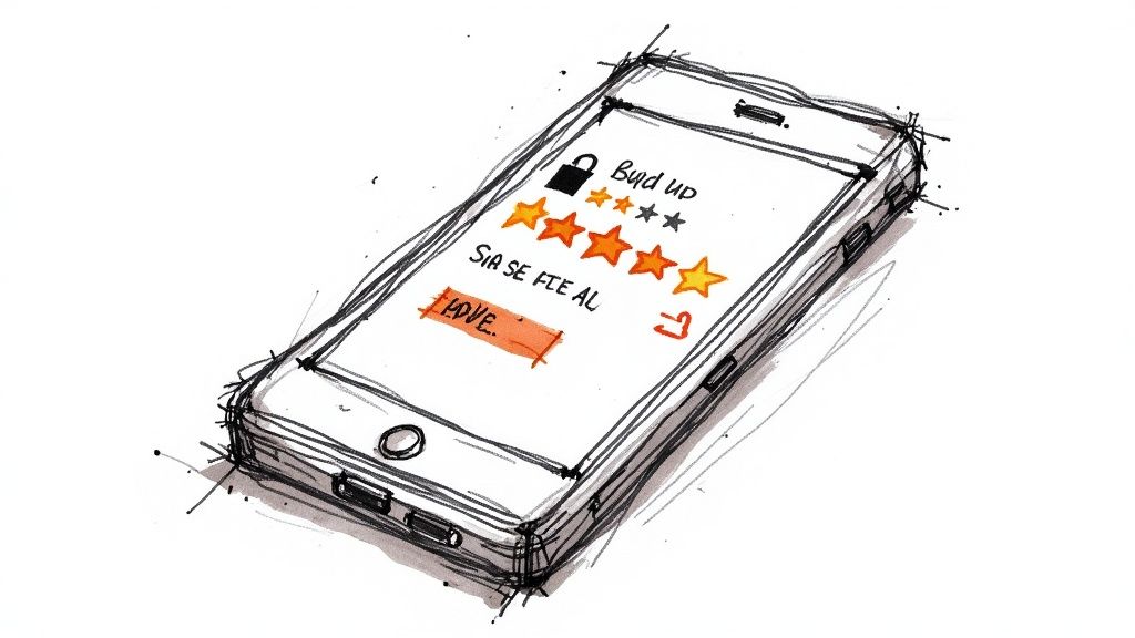 Close-up of a customer's hands holding a smartphone, looking at a product page with glowing reviews.