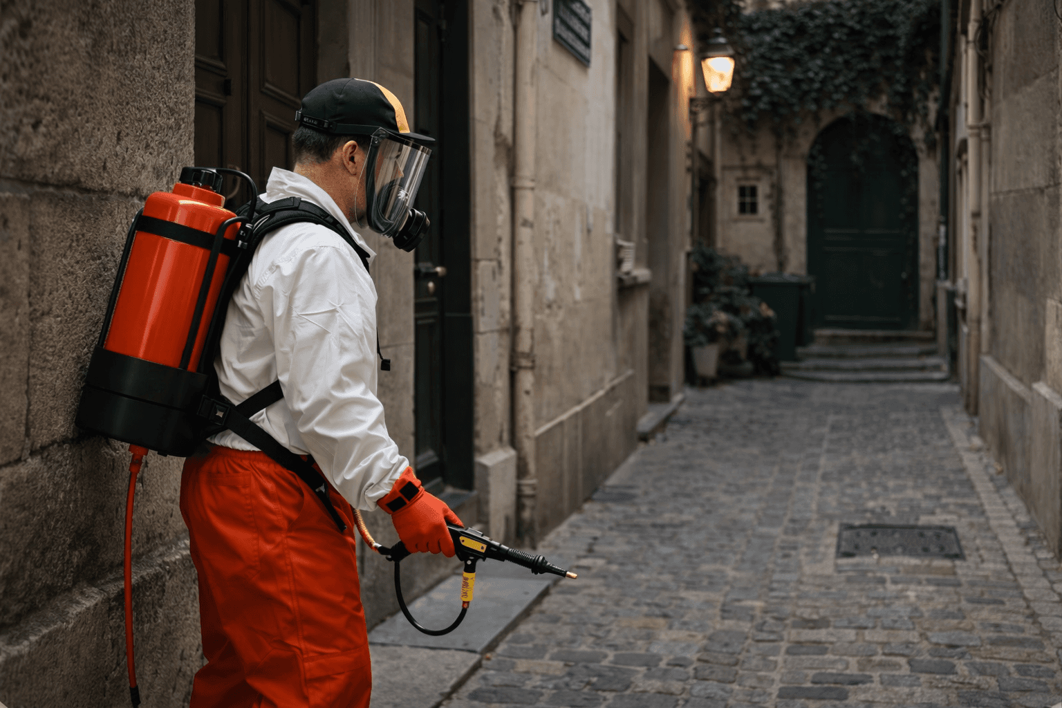 professionnel de la lutte anti nuisibles intervenant dans un immeuble parisien