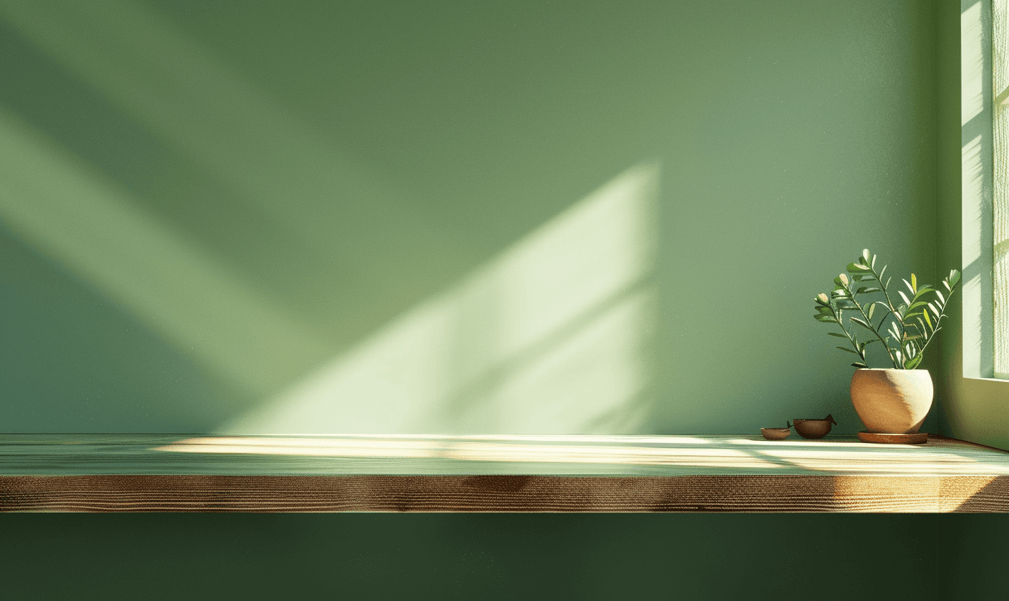 Green wall with wooden shelf and sunlight