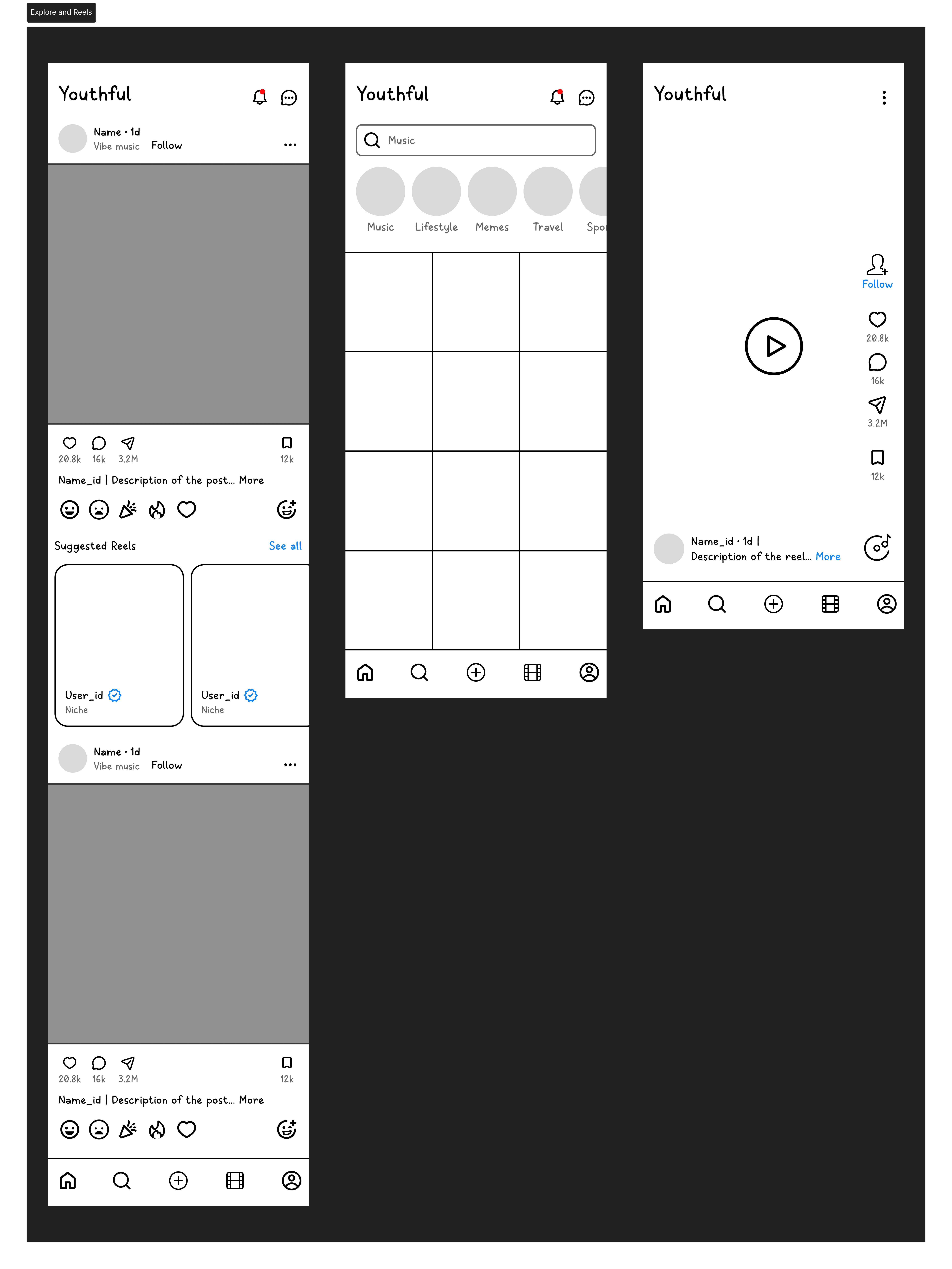 Home, Explore and Reels Wireframe