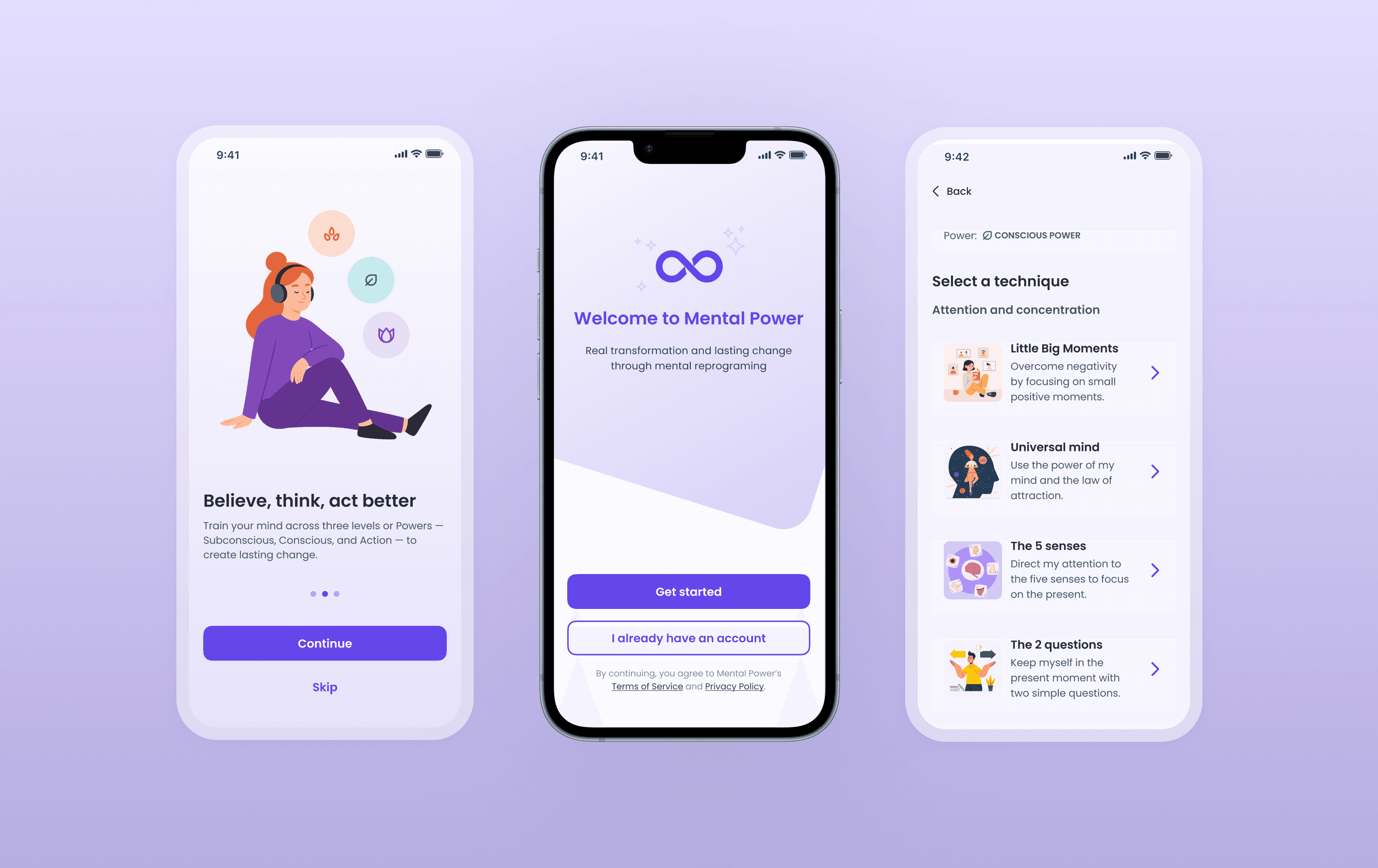 Three mobile screens showing the redesigned onboarding flow of the Mental Power app, including the welcome screen, an introductory slide with illustrations, and a technique selection screen.